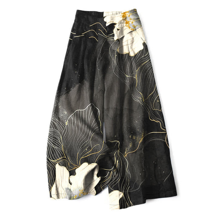 Buddha Stones Pantaloni da donna a gamba larga con elastico in vita e tasche, in cotone e lino, con fantasia floreale bianca. - Grigio tenue - US16, UK/AU20, EU48 (3XL) - image 6