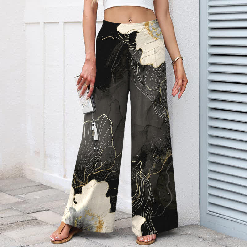 Buddha Stones Pantaloni da donna a gamba larga con elastico in vita e tasche, in cotone e lino, con fantasia floreale bianca. - image 7