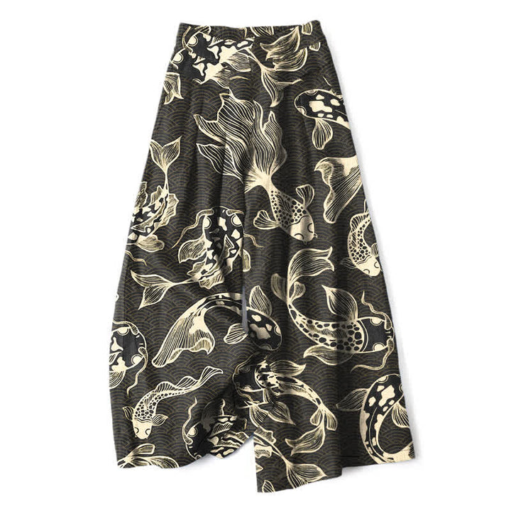 Buddha Stones Pantaloni da donna a gamba larga con elastico in vita e tasche, in cotone e lino, con fantasia artistica di laghetto con carpe koi. - Nero - US16, UK/AU20, EU48 (3XL) - image 4