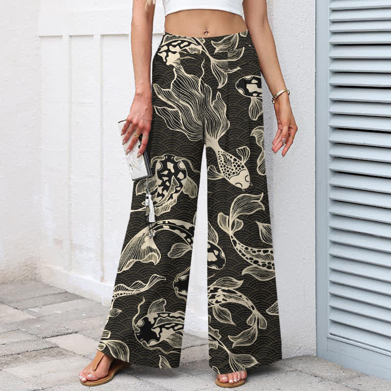 Buddha Stones Pantaloni da donna a gamba larga con elastico in vita e tasche, in cotone e lino, con fantasia artistica di laghetto con carpe koi. - image 5