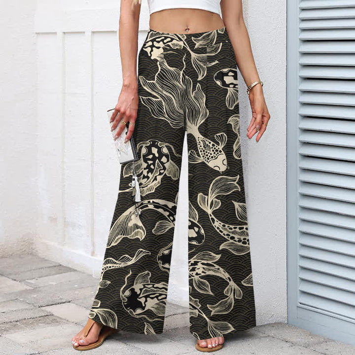 Buddha Stones Pantaloni da donna a gamba larga con elastico in vita e tasche, in cotone e lino, con fantasia artistica di laghetto con carpe koi. - image 5
