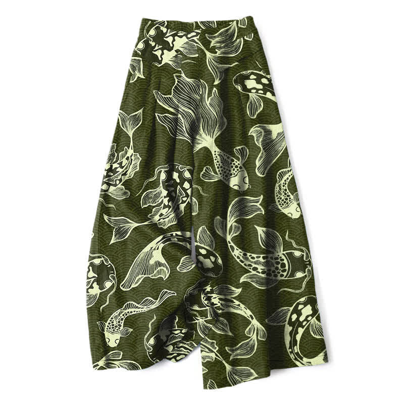 Buddha Stones Pantaloni da donna a gamba larga con elastico in vita e tasche, in cotone e lino, con fantasia artistica di laghetto con carpe koi. - Verde oliva scuro - US16, UK/AU20, EU48 (3XL) - image 6