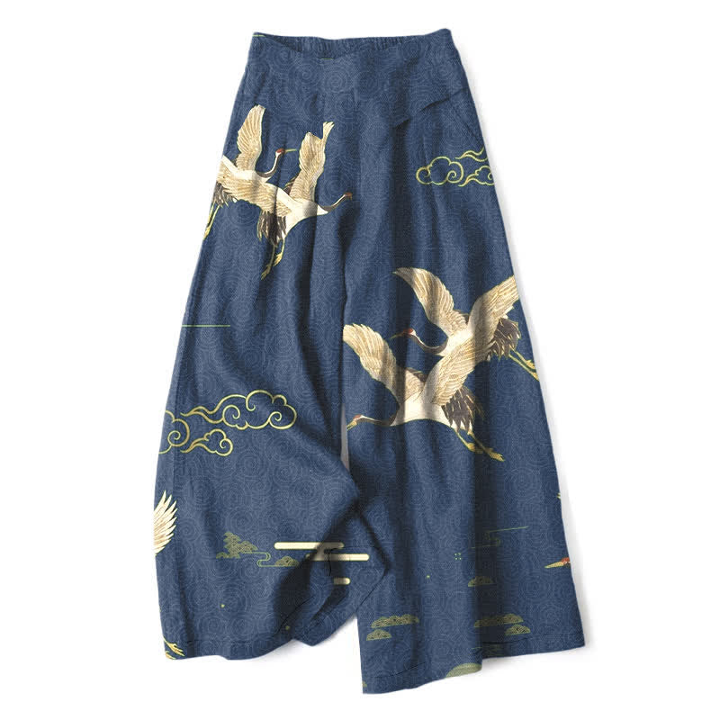 Buddha Stones Pantaloni da donna a gamba larga con elastico in vita e tasche, in cotone e lino, con motivo orientale di gru e nuvole. - Marina - US16, UK/AU20, EU48 (3XL) - image 0