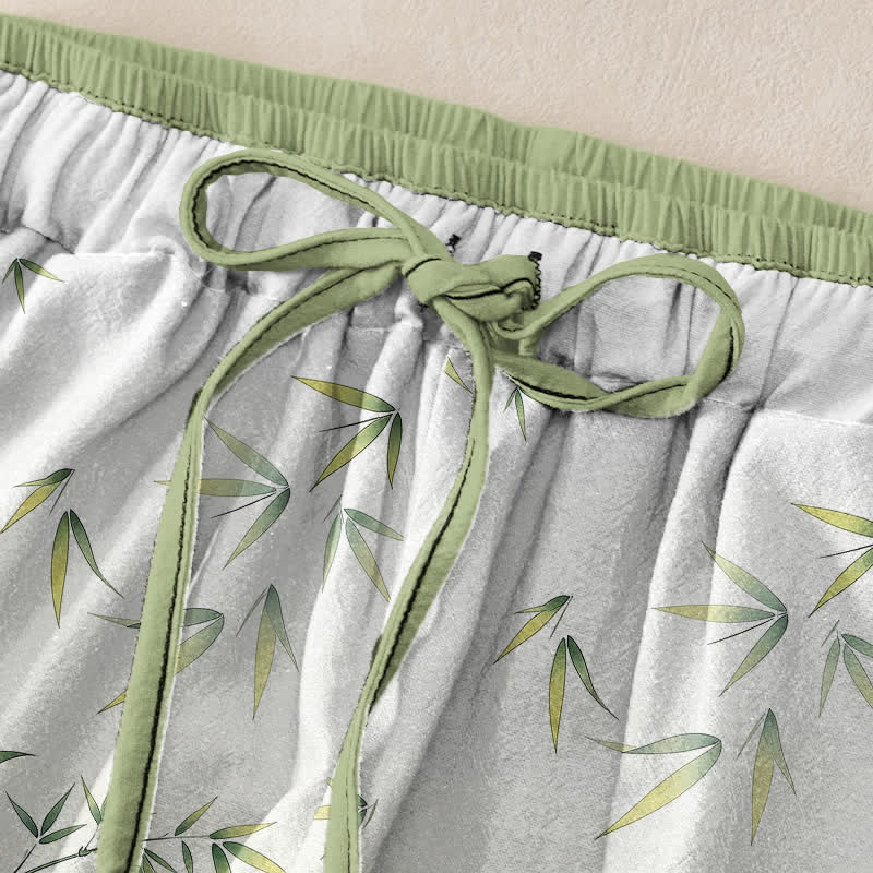 Buddha Stones Pantaloni da donna in puro cotone con elastico in vita e tasche, fantasia orientale a fiori di bambù. - image 1