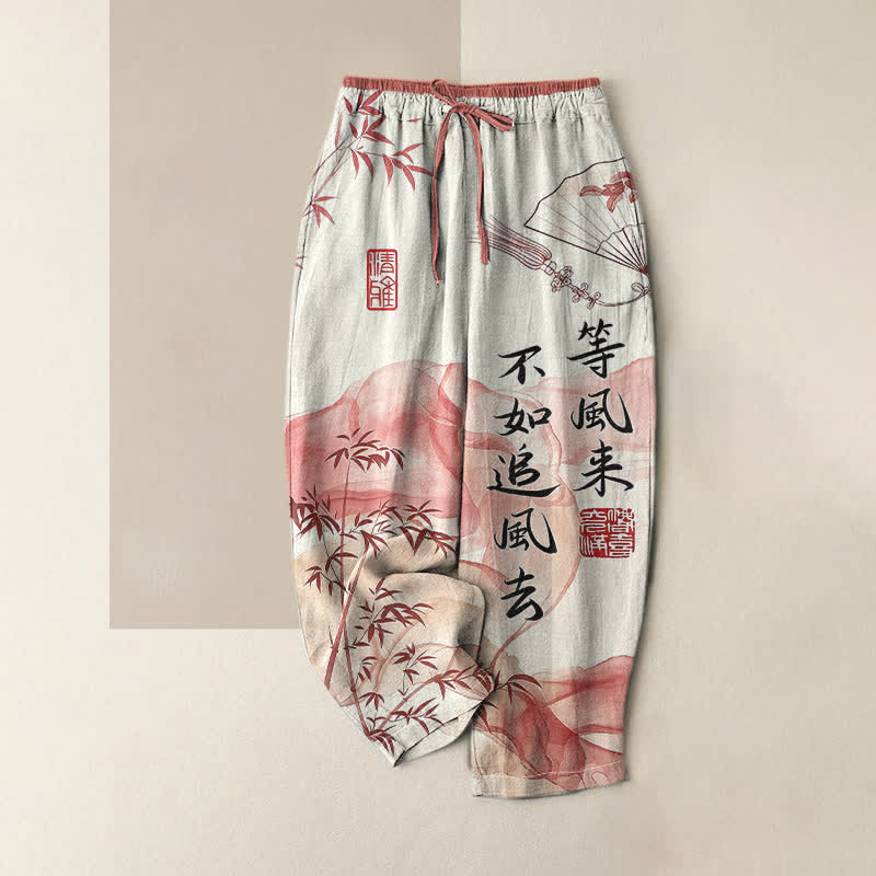 Buddha Stones Pantaloni da donna in puro cotone con elastico in vita e tasche, fantasia orientale bambù. - Pomodoro - US16, UK/AU20, EU48 (3XL) - image 3