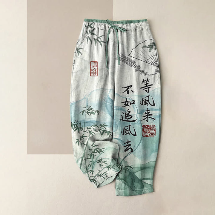 Buddha Stones Pantaloni da donna in puro cotone con elastico in vita e tasche, fantasia orientale bambù. - Verde mare medio - US16, UK/AU20, EU48 (3XL) - image 4