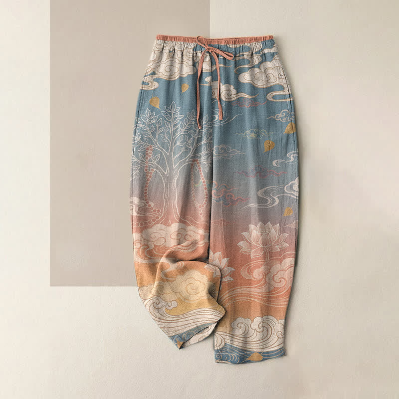 Buddha Stones Pantaloni da donna in puro cotone con elastico in vita e tasche, fantasia sfumata "Lotus Cloud". - Salmone chiaro - US16, UK/AU20, EU48 (3XL) - image 0