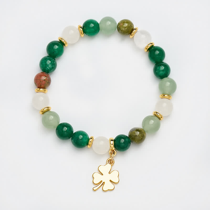 Buddha Stones Bracciale rotondo con perline portafortuna a quadrifoglio in avventurina verde. - image 8