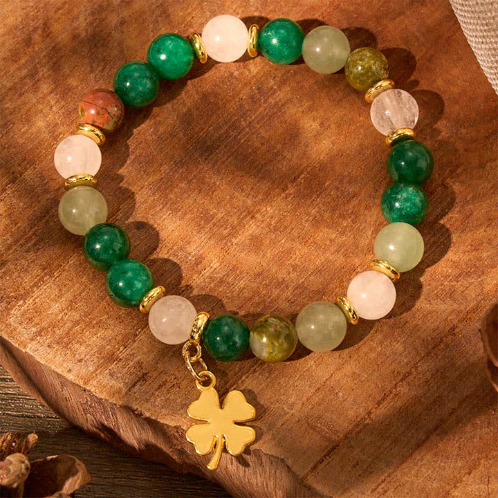 Buddha Stones Bracciale rotondo con perline portafortuna a quadrifoglio in avventurina verde. - image 3