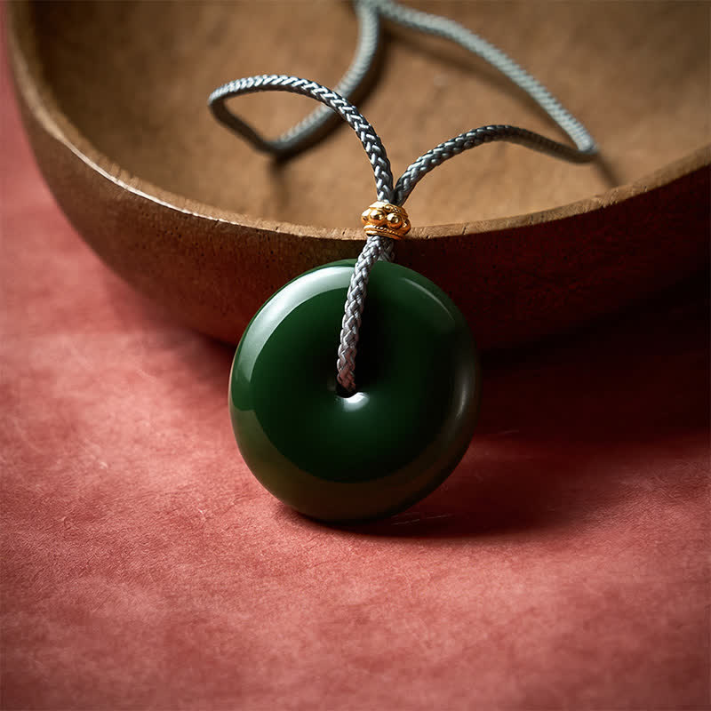 Buddha Stones Collana con ciondolo a corda in giada ciano naturale con fibbia "Pace" e simbolo di abbondanza. - image 2