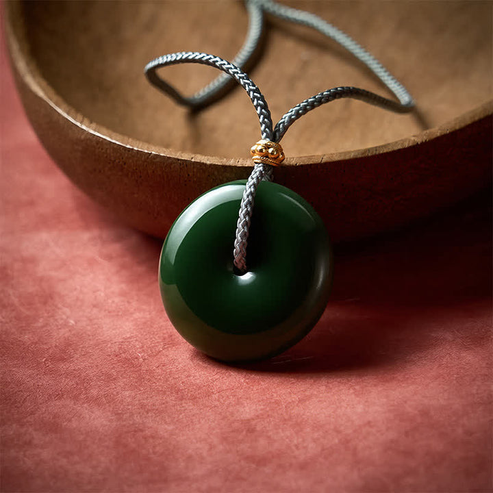 Buddha Stones Collana con ciondolo a corda in giada ciano naturale con fibbia "Pace" e simbolo di abbondanza. - image 2