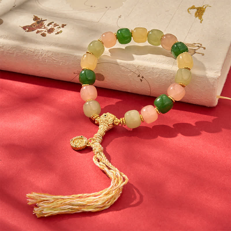 Buddha Stones Bracciale Harmony con perle rettangolari arrotondate in giada ciano e quarzite. - image 1