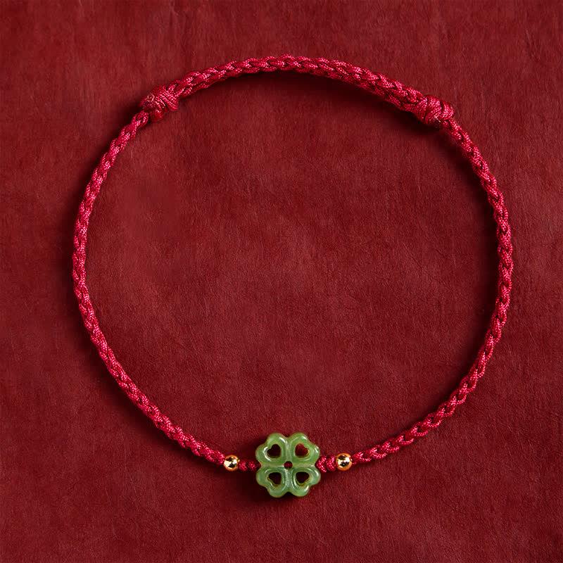 Buddha Stones Braccialetto portafortuna con corda rossa e giada ciano Hetian naturale a forma di quadrifoglio. - image 1