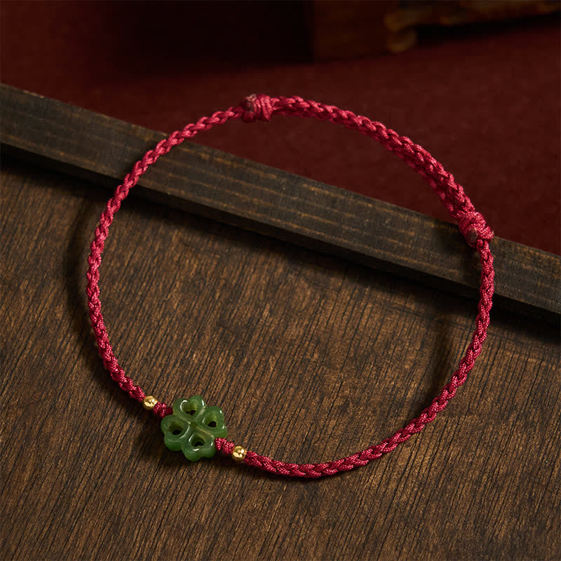 Buddha Stones Braccialetto portafortuna con corda rossa e giada ciano Hetian naturale a forma di quadrifoglio. - image 3