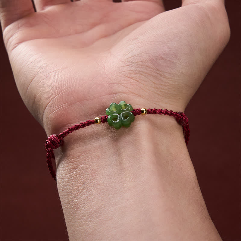 Buddha Stones Braccialetto portafortuna con corda rossa e giada ciano Hetian naturale a forma di quadrifoglio. - image 8