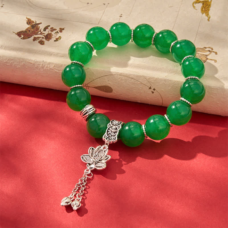 Buddha Stones Bracciale protettivo con perline di giada e quarzite verde naturale con ciondolo a forma di loto. - image 5