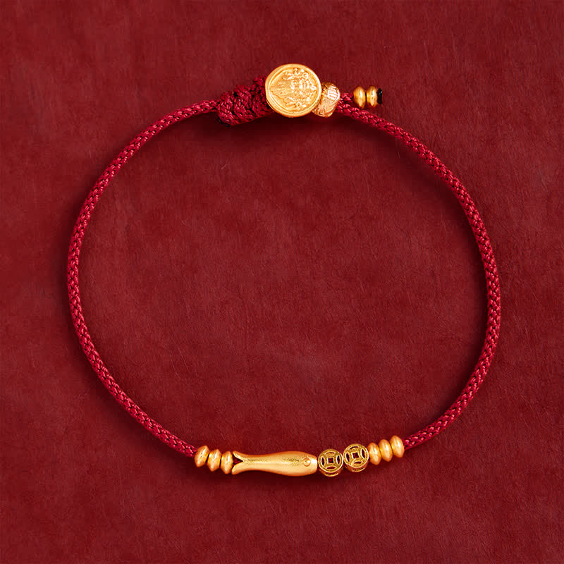 Buddha Stones Braccialetto portafortuna con filo rosso intrecciato a mano, pesci koi e moneta di rame - image 1