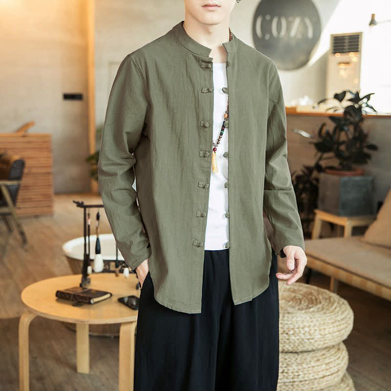Camicia da uomo a maniche lunghe con colletto alla coreana e bottoni a rana, modello Buddha Stones Casual. - Verde Mare Scuro - US/UK/AU46, EU56 (5XL) - image 16