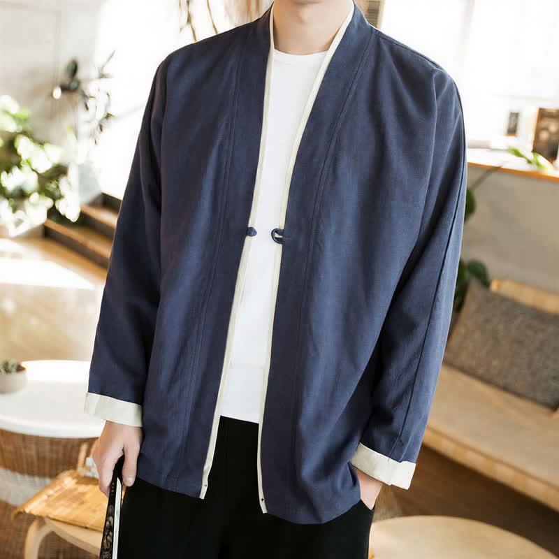 Buddha Stones Kimono da uomo in cotone tinta unita, stile Tang, minimalista, con bottoni a rana, per autunno/inverno. - Marina - US/UK/AU46, EU56 (5XL) - image 0