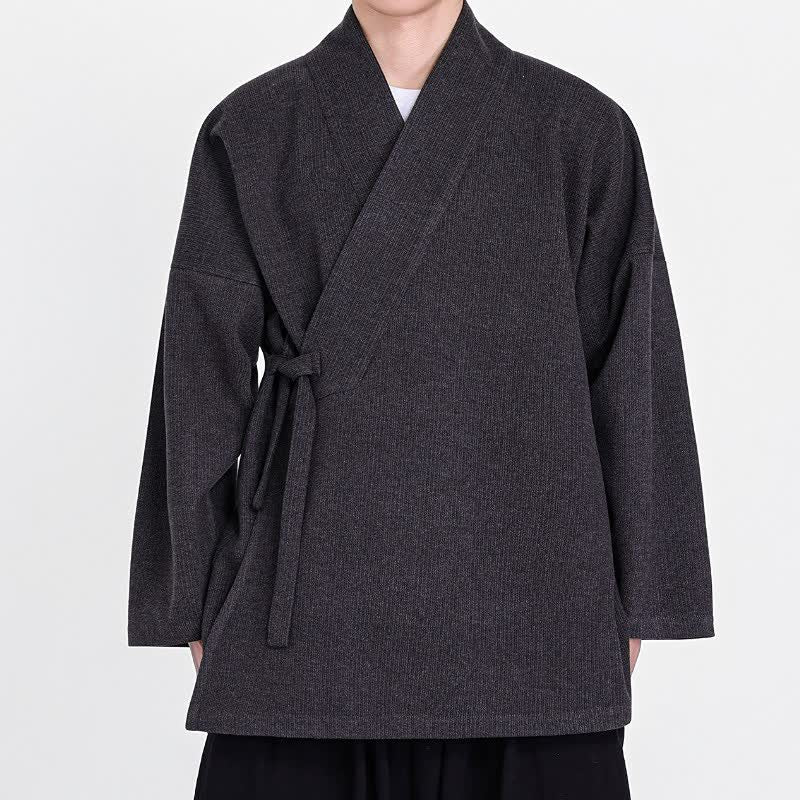 Buddha Stones Kimono da uomo in velluto a coste tinta unita, classico, minimalista, per autunno/inverno. - Grigio tenue - US/UK/AU46, EU56 (5XL) - image 4