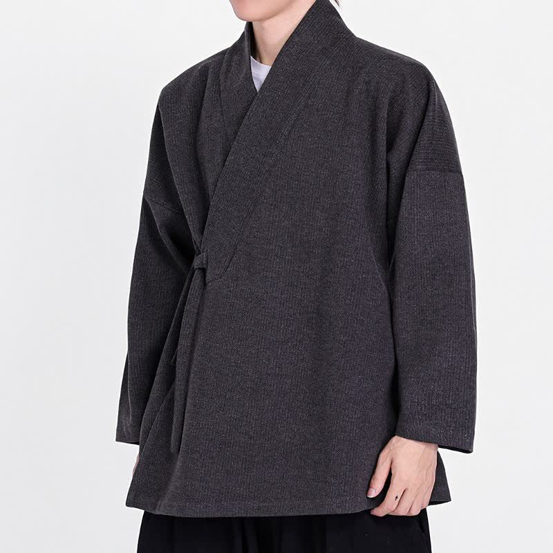 Buddha Stones Kimono da uomo in velluto a coste tinta unita, classico, minimalista, per autunno/inverno. - image 6