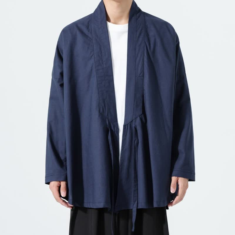 Buddha Stones Kimono da uomo a tinta unita, stile minimalista, con coulisse, per l'autunno. - Marina - US/UK/AU46, EU56 (5XL) - image 12