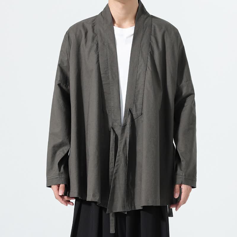 Buddha Stones Kimono da uomo a tinta unita, stile minimalista, con coulisse, per l'autunno. - Grigio tenue - US/UK/AU46, EU56 (5XL) - image 0