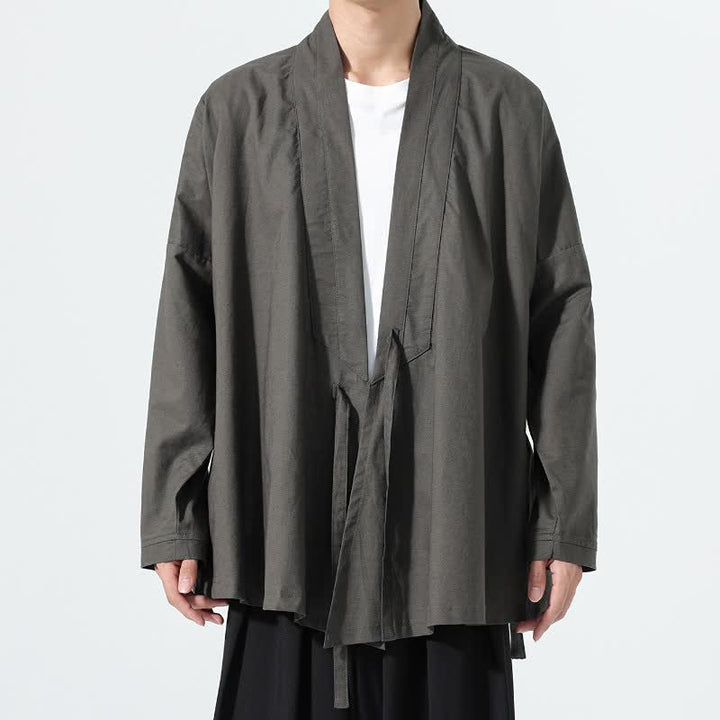 Buddha Stones Kimono da uomo a tinta unita, stile minimalista, con coulisse, per l'autunno. - Grigio tenue - US/UK/AU46, EU56 (5XL) - image 0