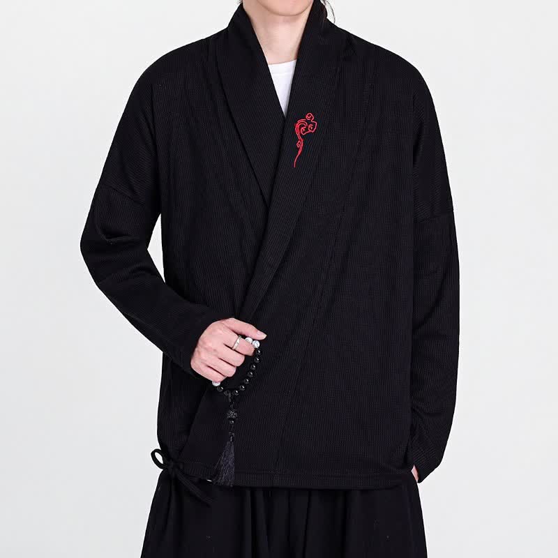 Buddha Stones Kimono da uomo casual autunno/inverno in stile Tang con ricami, tinta unita. - Nero - US/UK/AU46, EU56 (5XL) - image 0