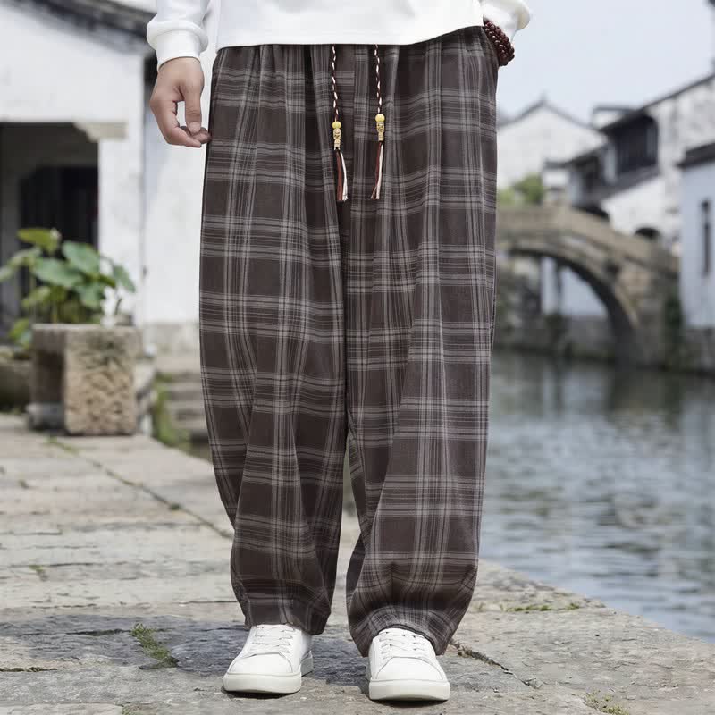 Buddha Stones Pantaloni da uomo a quadri con coulisse, casual, vintage, per autunno/inverno, modello harem con tasca. - Marrone sella - US/UK/AU48, EU58 (6XL) - image 0