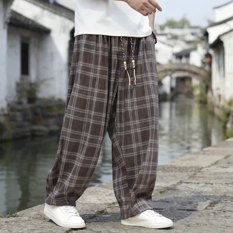 Buddha Stones Pantaloni da uomo a quadri con coulisse, casual, vintage, per autunno/inverno, modello harem con tasca. - image 1