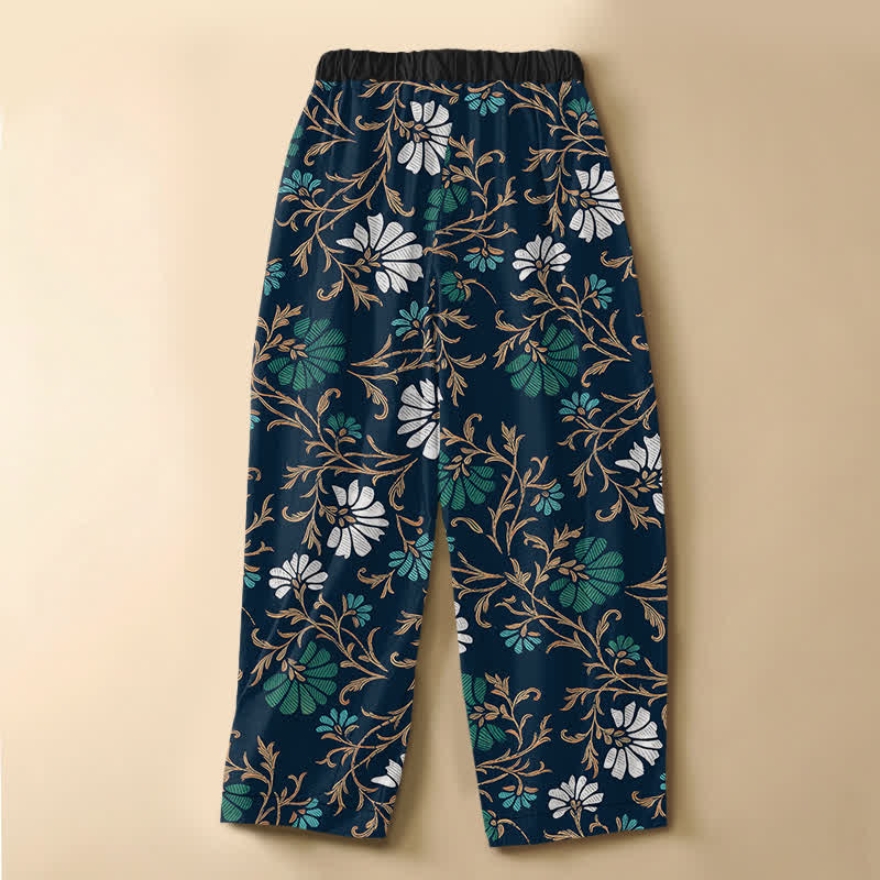 Buddha Stones Pantaloni harem da donna in puro cotone con motivo floreale botanico, bottoni a rana e vita elasticizzata, con tasche. - image 1