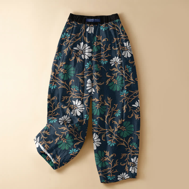 Buddha Stones Pantaloni harem da donna in puro cotone con motivo floreale botanico, bottoni a rana e vita elasticizzata, con tasche. - Marina - US16, UK/AU20, EU48 (3XL) - image 0