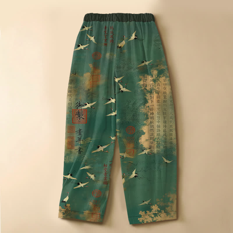 Buddha Stones Pantaloni harem da donna in puro cotone con motivo vintage a gru e calligrafia, bottoni a rana, elastico in vita e tasche. - image 1