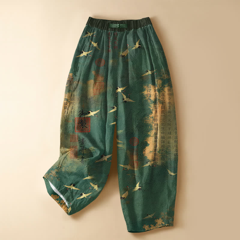 Buddha Stones Pantaloni harem da donna in puro cotone con motivo vintage a gru e calligrafia, bottoni a rana, elastico in vita e tasche. - Verde mare - US16, UK/AU20, EU48 (3XL) - image 0