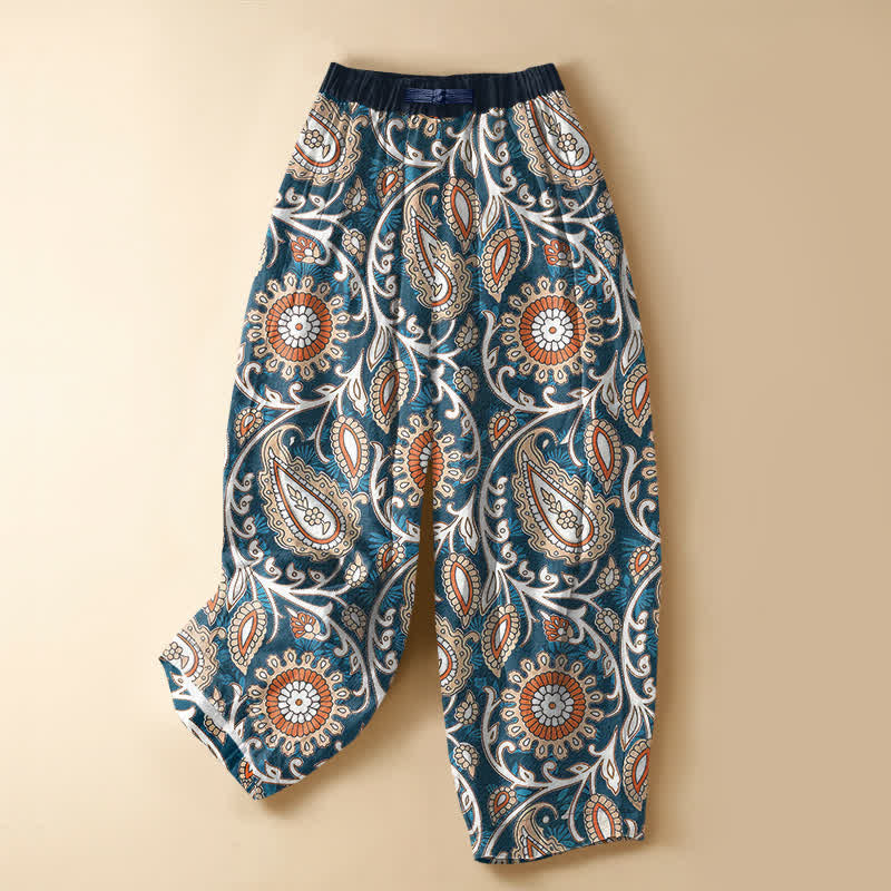 Buddha Stones Pantaloni harem da donna in puro cotone, stile bohémien, con motivo floreale paisley, bottoni a rana e vita elasticizzata, con tasche. - SteelBlue - US16, UK/AU20, EU48 (3XL) - image 0
