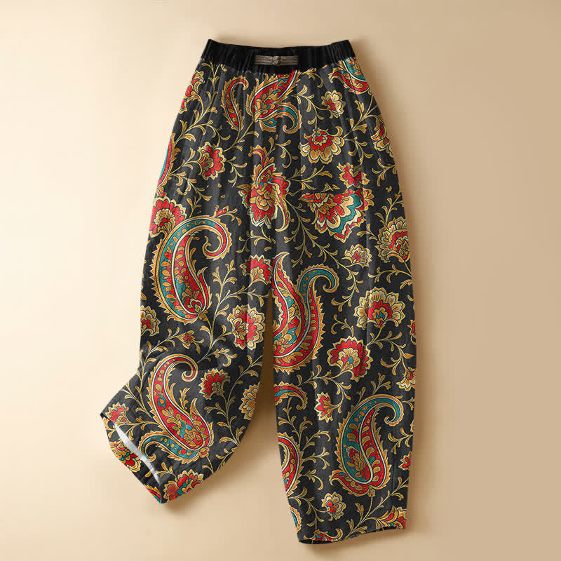 Buddha Stones Pantaloni harem da donna in puro cotone con motivo floreale retrò a volute, bottoni a rana e vita elasticizzata, con tasche. - Nero - US16, UK/AU20, EU48 (3XL) - image 0