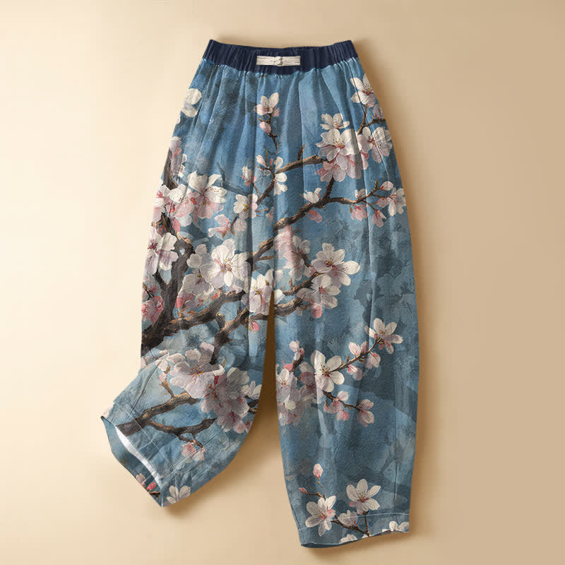 Buddha Stones Pantaloni harem da donna in puro cotone con motivo vintage a rami di ciliegio, bottoni a rana e vita elasticizzata, con tasche. - Azzurro cielo chiaro - US16, UK/AU20, EU48 (3XL) - image 0