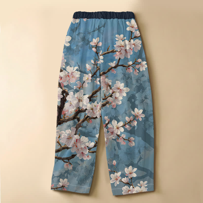 Buddha Stones Pantaloni harem da donna in puro cotone con motivo vintage a rami di ciliegio, bottoni a rana e vita elasticizzata, con tasche. - image 1