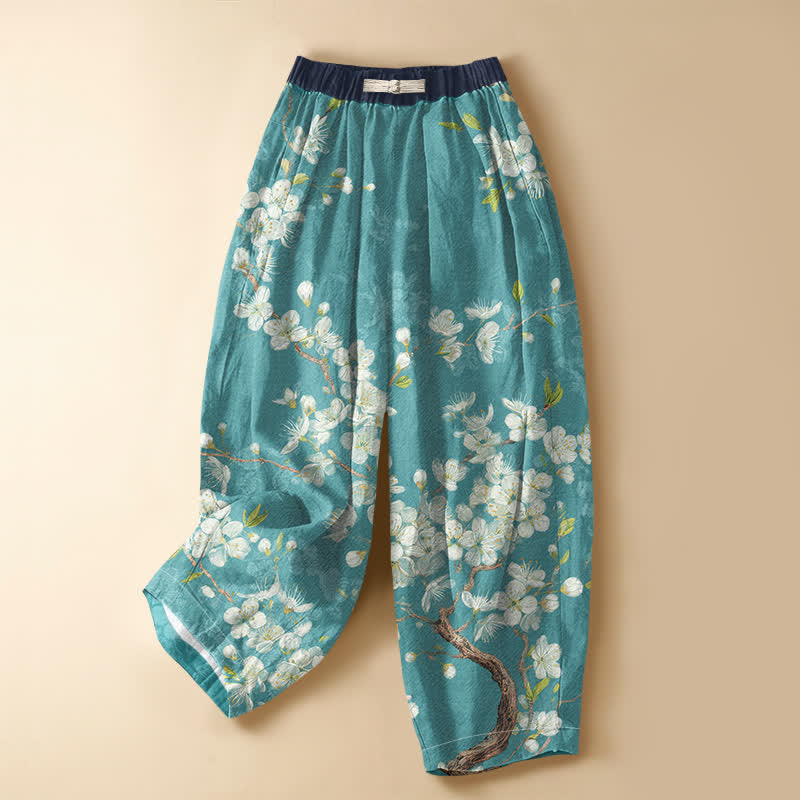 Buddha Stones Pantaloni harem da donna in puro cotone con motivo floreale vintage a rami, bottoni a rana e vita elasticizzata, con tasche. - Turchese medio - US16, UK/AU20, EU48 (3XL) - image 0