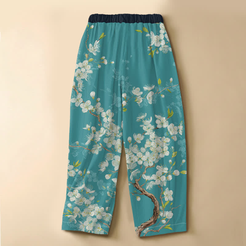 Buddha Stones Pantaloni harem da donna in puro cotone con motivo floreale vintage a rami, bottoni a rana e vita elasticizzata, con tasche. - image 1