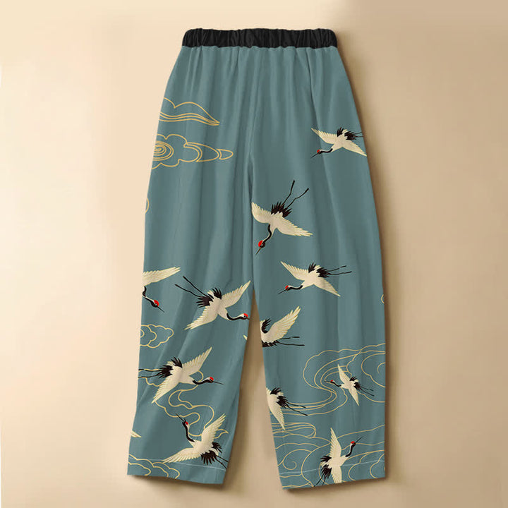 Buddha Stones Pantaloni harem da donna in puro cotone, eleganti, con motivo gru e nuvole, bottoni a rana e vita elasticizzata, con tasche. - image 1