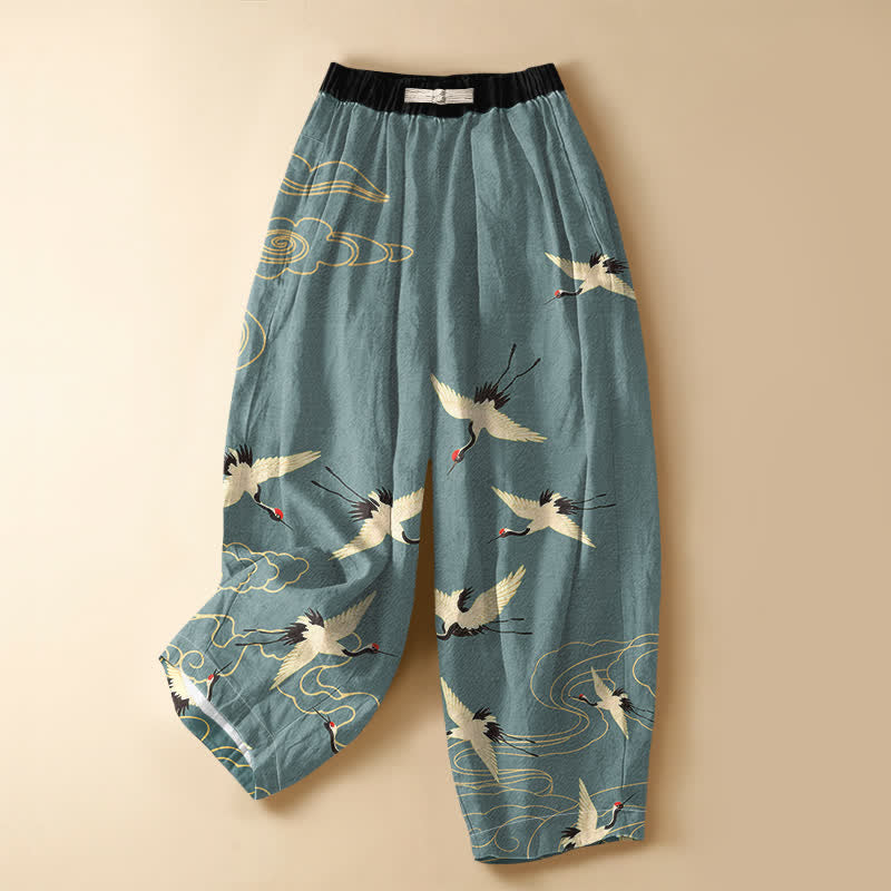 Buddha Stones Pantaloni harem da donna in puro cotone, eleganti, con motivo gru e nuvole, bottoni a rana e vita elasticizzata, con tasche. - Cadetto Blu - US16, UK/AU20, EU48 (3XL) - image 0