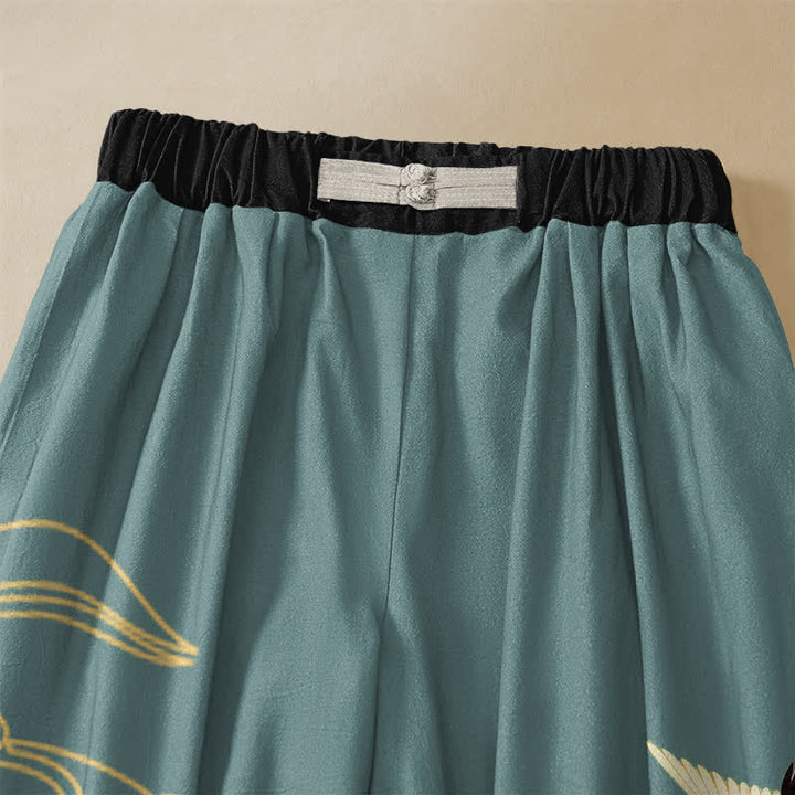 Buddha Stones Pantaloni harem da donna in puro cotone, eleganti, con motivo gru e nuvole, bottoni a rana e vita elasticizzata, con tasche. - image 2