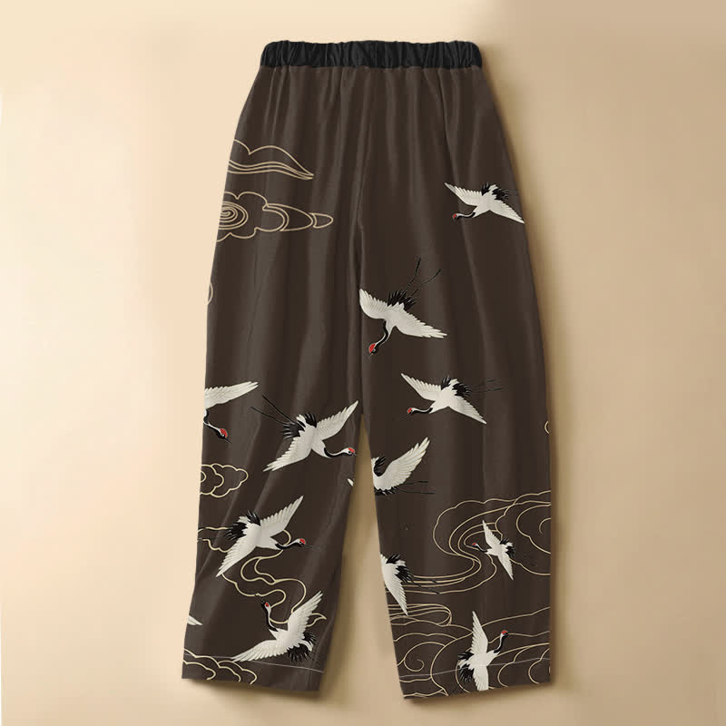 Buddha Stones Pantaloni harem da donna in puro cotone, eleganti, con motivo gru e nuvole, bottoni a rana e vita elasticizzata, con tasche. - image 6