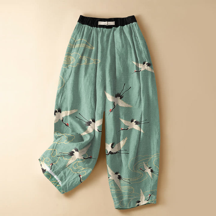 Buddha Stones Pantaloni harem da donna in puro cotone, eleganti, con motivo gru e nuvole, bottoni a rana e vita elasticizzata, con tasche. - Acquamarina - US16, UK/AU20, EU48 (3XL) - image 7