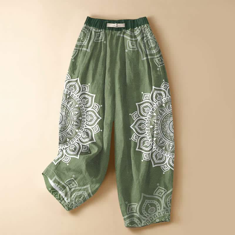Buddha Stones Pantaloni harem da donna in puro cotone, stile bohémien, con motivo mandala, bottoni a rana, vita elasticizzata e tasche. - Verde oliva - US16, UK/AU20, EU48 (3XL) - image 0