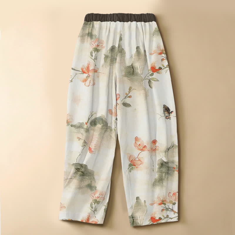 Buddha Stones Pantaloni harem da donna in puro cotone con motivo floreale ad acquerello, farfalle, bottoni a rana e vita elasticizzata, con tasche. - image 1