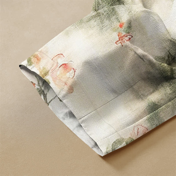 Buddha Stones Pantaloni harem da donna in puro cotone con motivo floreale ad acquerello, farfalle, bottoni a rana e vita elasticizzata, con tasche. - image 3