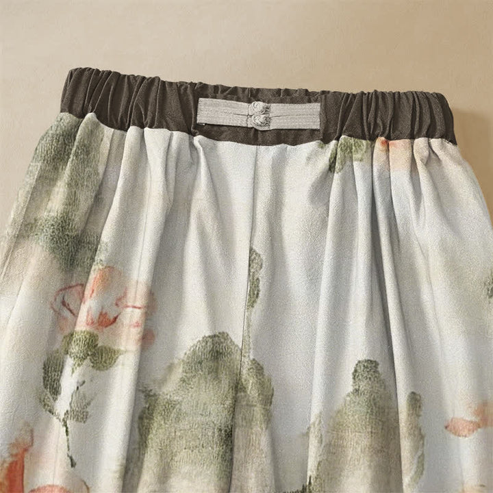 Buddha Stones Pantaloni harem da donna in puro cotone con motivo floreale ad acquerello, farfalle, bottoni a rana e vita elasticizzata, con tasche. - image 2